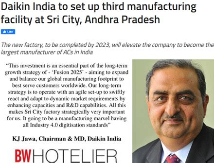Daikin India to set up third manufacturing facility at Sri City, .